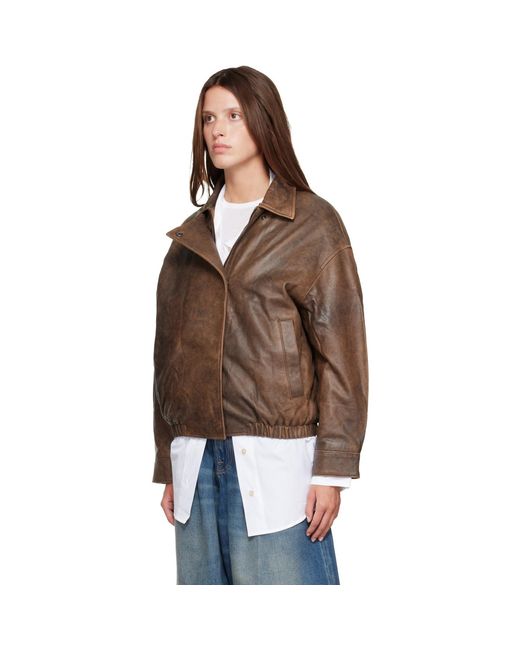 R13 Brown Removable Collar Leather Bomber Jacket