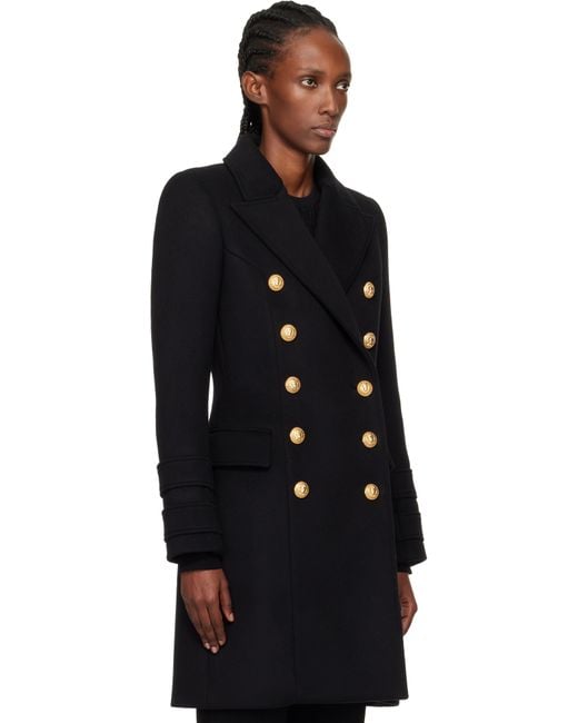 Balmain Black 10-Buttons Wool & Cashmere Coat