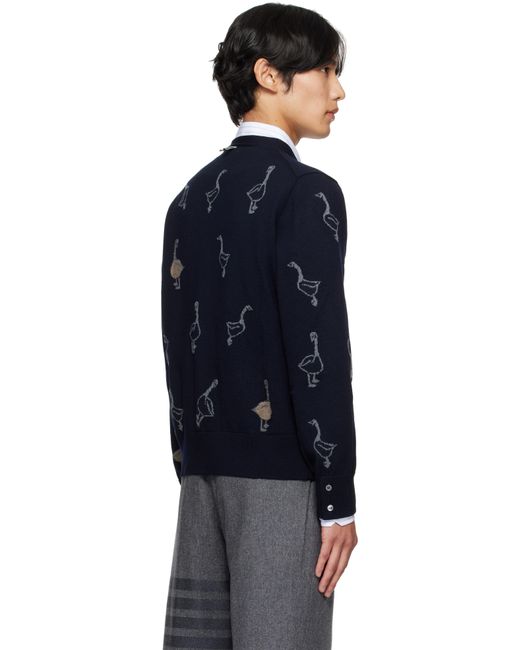 Thom Browne Blue Geese Intarsia Merino Relaxed Fit Cardigan for men