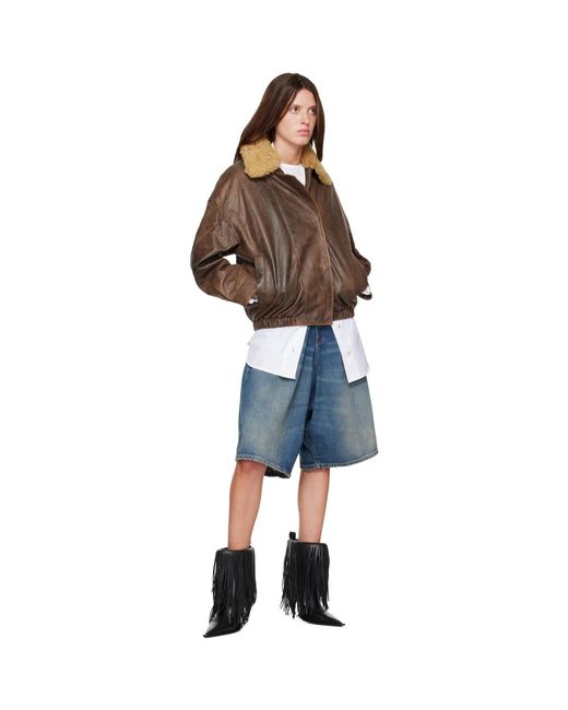 R13 Brown Removable Collar Leather Bomber Jacket