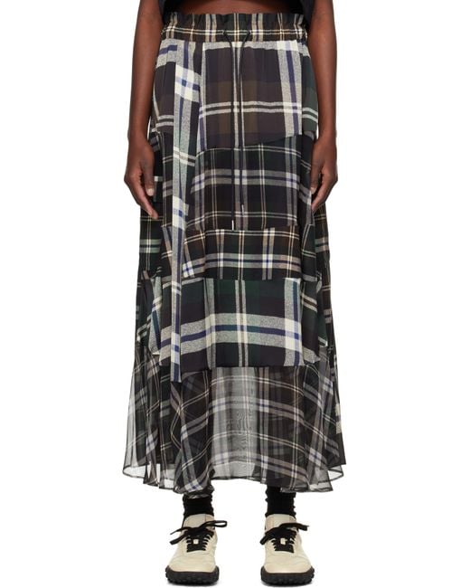 【sacai】グリーン＆ブラウン プレイドプリントマキシスカート Sacai グリーン＆ブラウン プレイドプリント マキシスカート