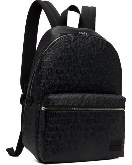 HUGO Black Embossed-Logo Faux-Leather Backpack for men