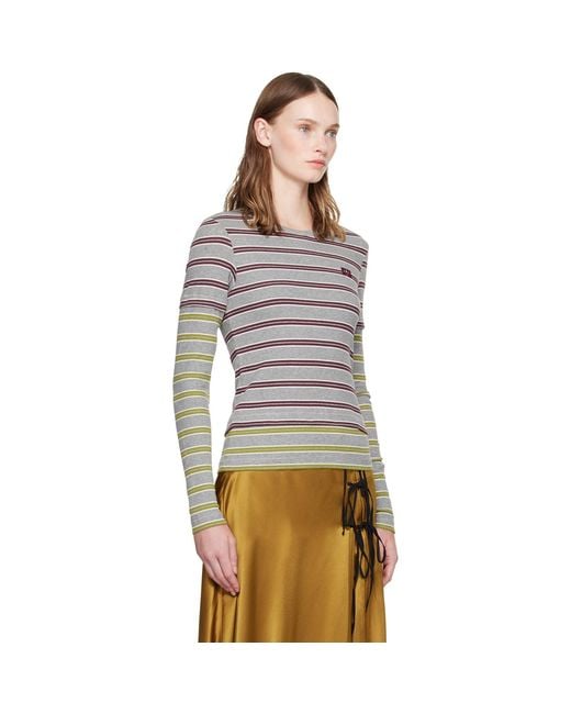 Ganni Gray Double Stripe Long-Sleeve T-Shirt