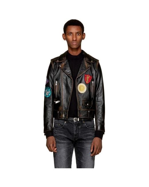 Saint Laurent Black Leather Multi-patch Motorcycle Jacket for men