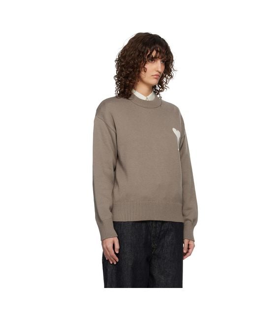 AMI Brown Taupe Wool & Cotton Crewneck Ami De Coeur Sweater