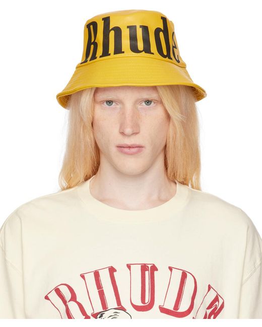 Rhude Multicolor Yellow Logo Leather Bucket Hat for men