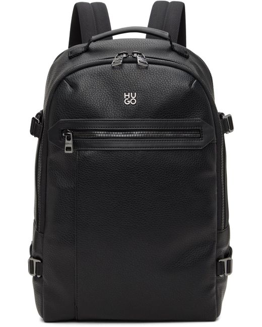 HUGO Black Faux-leather Stacked Logo Backpack for men