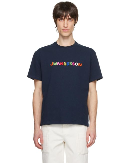 メンズ J.W. Anderson ネイビー ロゴ刺繍 Tシャツ Blue