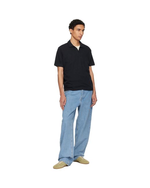 Merz B. Schwanen Black Linen-Cotton Relaxed Fit Polo for men