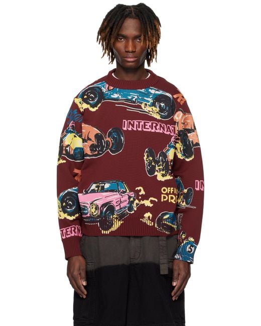 Sacai Red Burgundy Car Race Print Knit Pullover Sweater for men