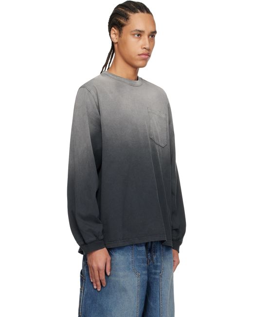 メンズ rice nine ten グレー＆ブラック Faded Roomy Sleeve 長袖Tシャツ Gray