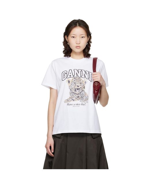 Ganni White Basic Jersey Leopard Relaxed T-Shirt
