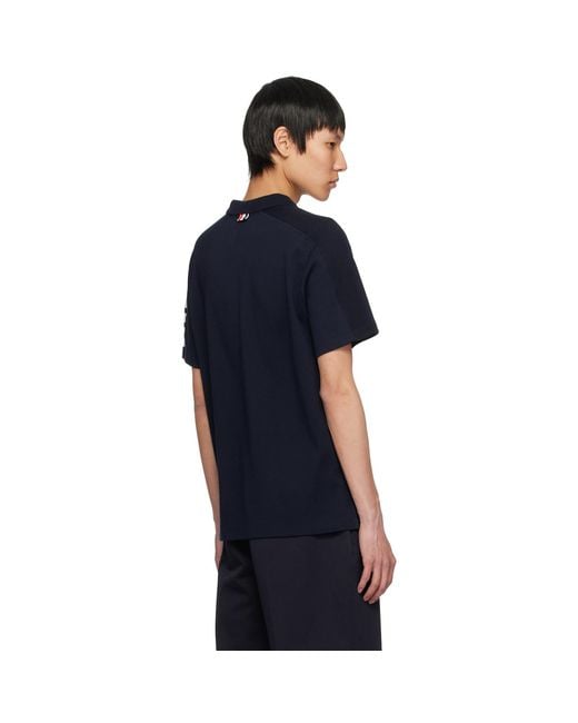 Thom Browne Blue Cotton 4-Bar Short Sleeve Polo for men