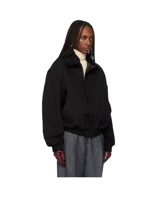 TONYWACK Black Washed Cotton Faux-Shearling Trim Bomber Jacket