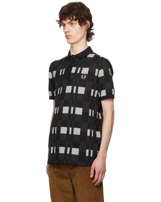 メンズ Fred Perry グリーン＆ブラック スプリット チェッカーボード ポロシャツ Black