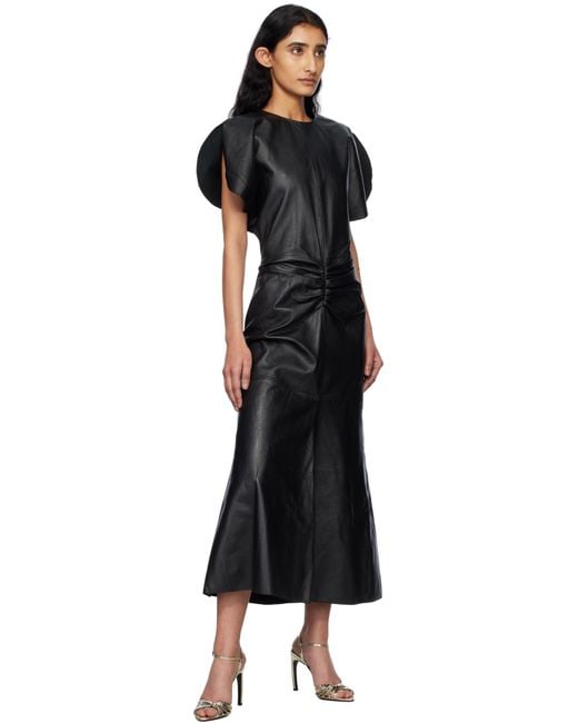 Victoria Beckham Black Gathered Waist Leather Midi Dress