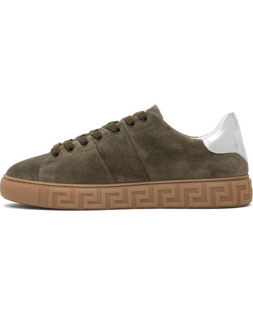 Versace Black Khaki Greca Embellished Suede Sneakers for men