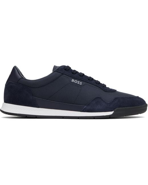 メンズ Boss ネイビー Mixed-Material Lace-Up スニーカー Blue