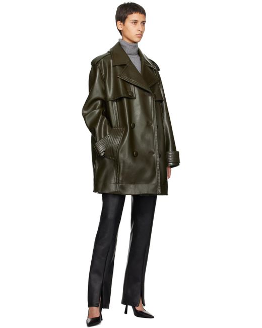 Stand Studio Green Khaki Flora Faux-leather Trench Coat