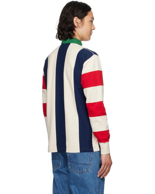 Drake's Red Off- & Vertical Block Stripe Cotton Rugby Polo for men