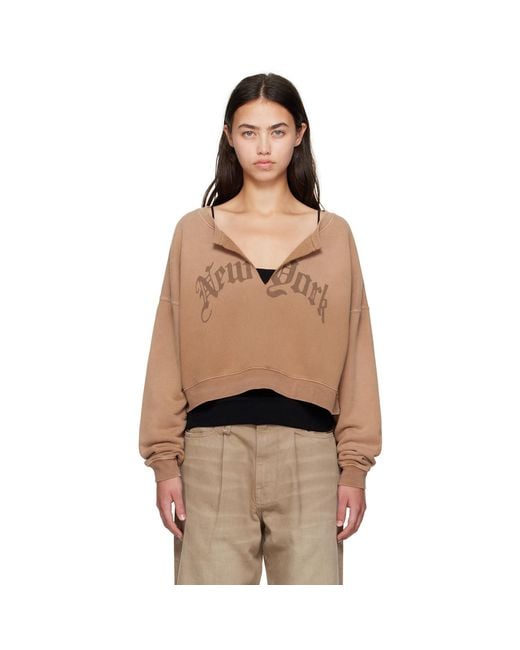 R13 Black Tan 'New York' Cropped Front Slit Sweatshirt