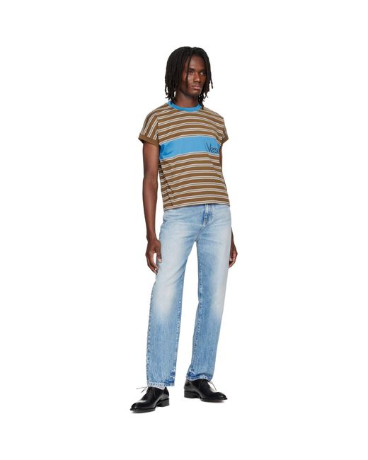 Versace Blue Embroidered-Logo Striped-Intarsia Cotton T-Shirt for men