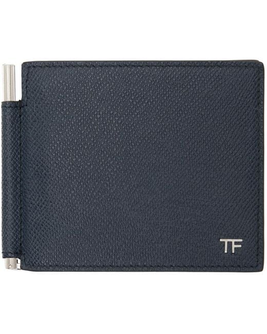 Tom Ford Blue Small Grain Leather Money Clip Wallet for men