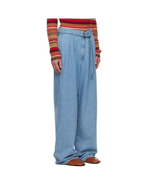 Dries Van Noten Blue Belted Pleat Jeans for men