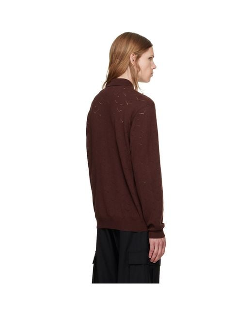 vowels Brown Eyelet Knitted Zip-Up Sweater for men