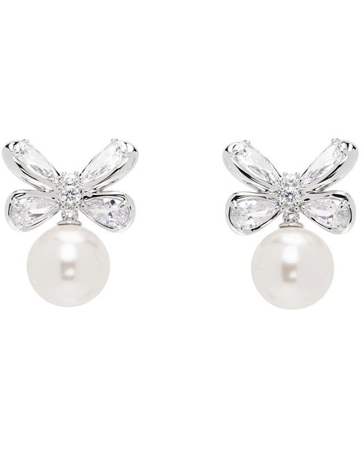 ShuShu/Tong Black Silver Butterfly Flower Pearl Stud Earrings