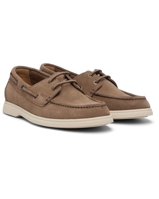 Boss Brown Suede Lace-Detail Boat Shoes for men