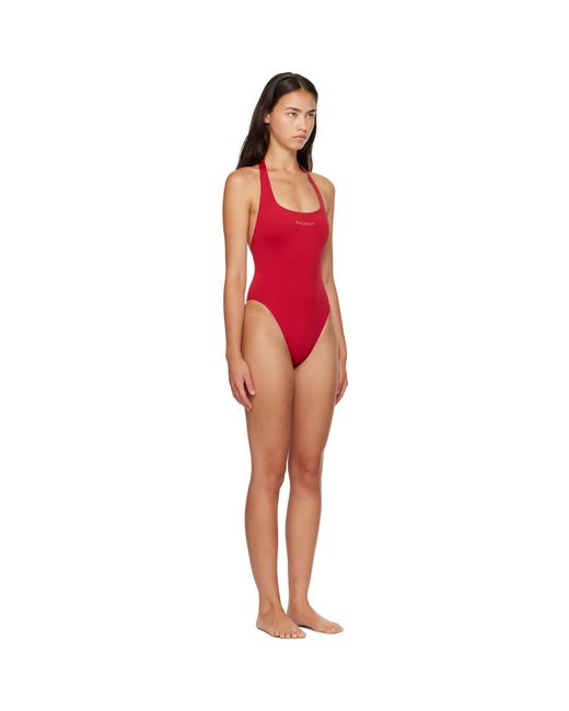 Balmain Red Studded Logo Halter Swimsuit