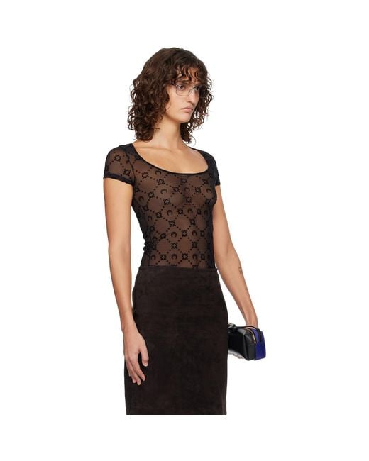 MARINE SERRE Black Recycled Mesh Flock Open Neck T-Shirt
