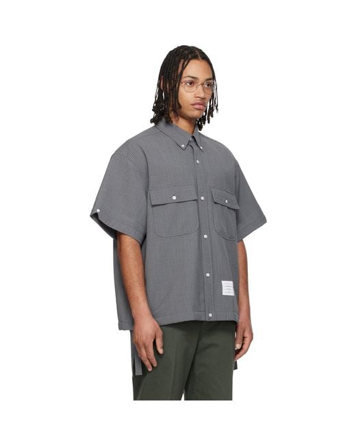 Thom Browne Gray S/S Track Shirt Flap Pockets Wool Shirt for men