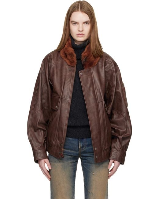 R13 Brown Shearling Collar Flight Leather Jacket