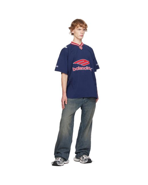 Balenciaga Blue 3B Football V-Neck Oversized T-Shirt for men