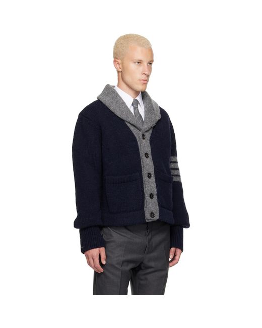 Thom Browne Blue 'Browne 65' Jersey Intarsia Shawl Collar Cardigan for men