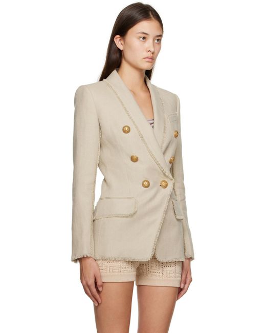 Balmain Natural Button-embossed Double Breasted Linen Blazer
