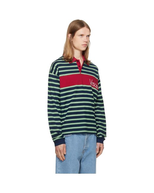 Versace Multicolor Embroidered-Logo Striped-Intarsia Cotton Polo for men