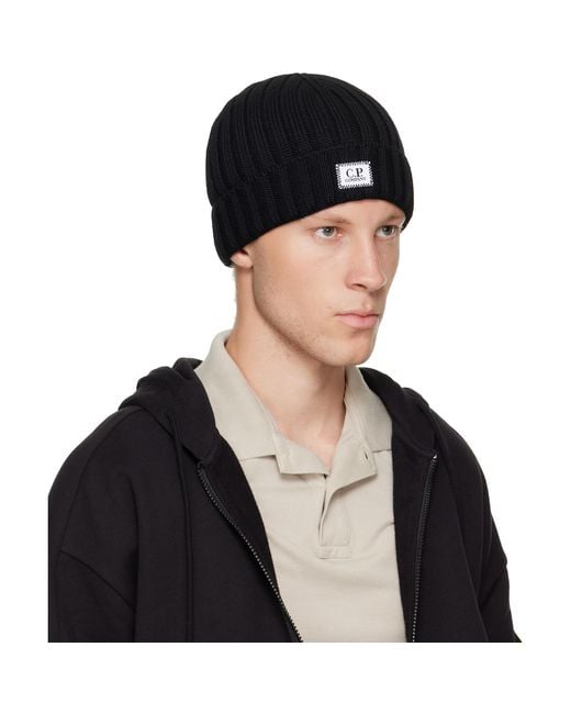 C P Company Black Extrafine Merino Wool Logo Beanie for men
