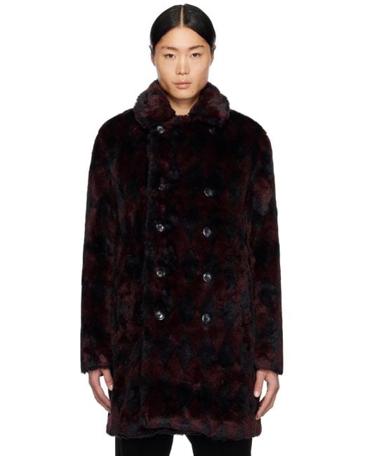 Needles Black Burgundy & Navy Argyle Faux-fur Peacoat for men