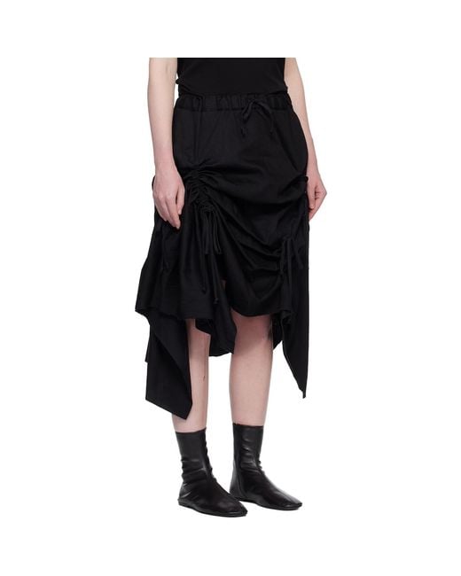 Yohji Yamamoto Black Gathered Denim Midi Skirt