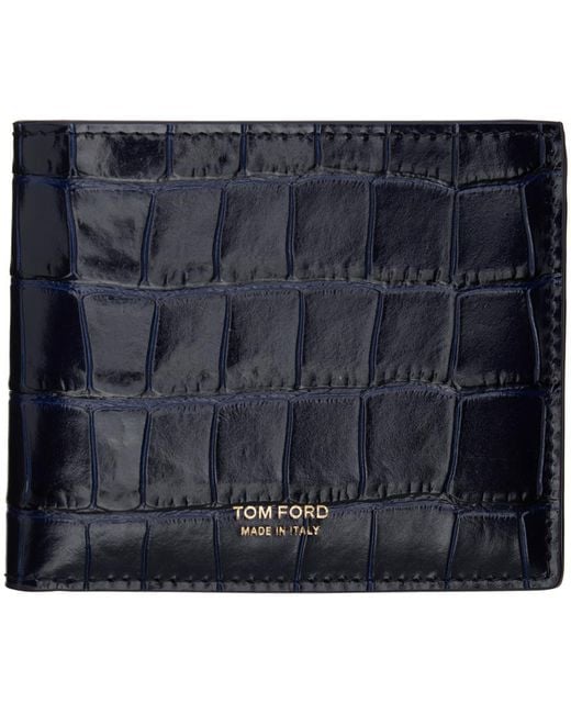 Tom Ford Blue Glossy Printed Croc Bifold Wallet for men