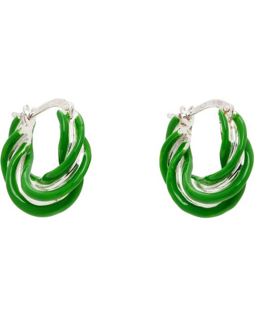 Bottega Veneta Silver & Green Pillar Twisted Hoop Earrings for men