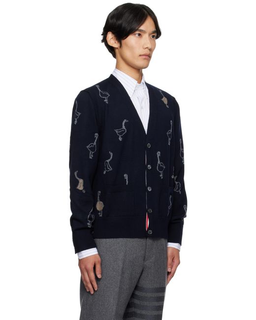 Thom Browne Blue Geese Intarsia Merino Relaxed Fit Cardigan for men