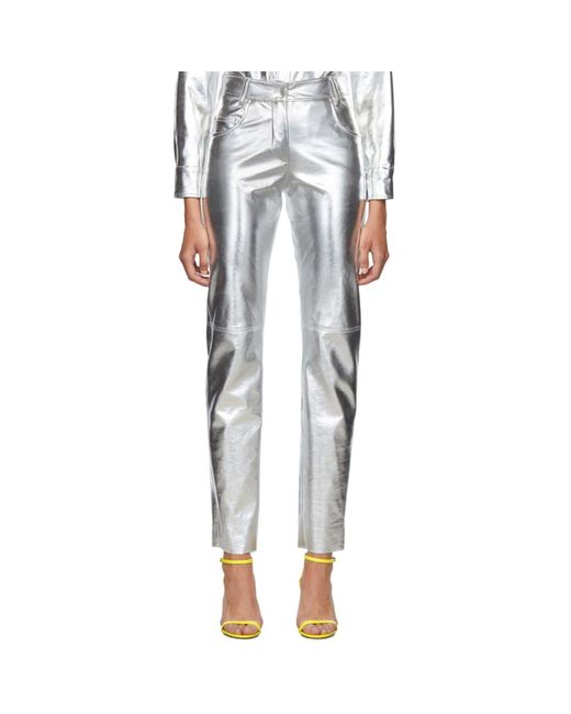 MSGM Metallic Silver Faux-leather Trousers