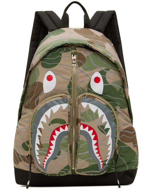 A Bathing Ape Black Green Layered Line Camo Shark Backpack for men