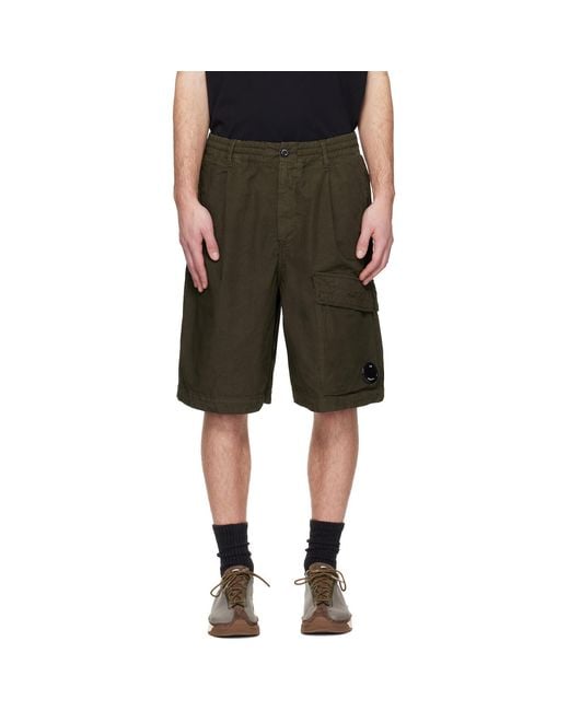 C P Company Black Khaki Micro-Reps Boxy Lens Shorts for men