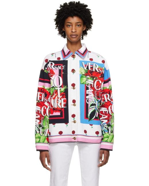 Versace Jeans Couture White Spread Collar Denim Jacket in Red | Lyst
