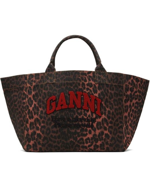 Ganni Red Oversized Leopard Print Canvas Tote